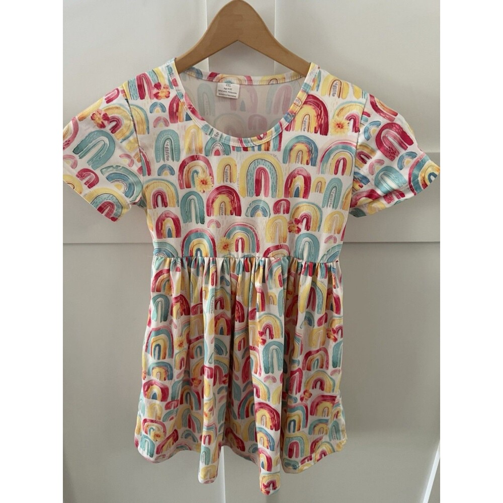 Girls Rainbow Multicolor Scoop Neck Short Sleeve Short Dress Soft Cotton Sz 8-9